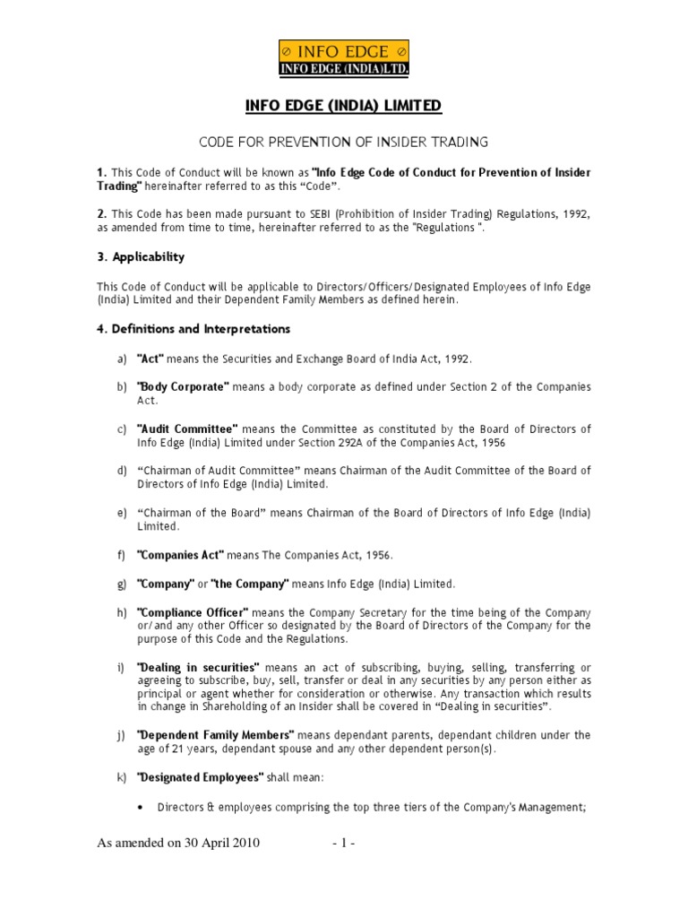 Info Edge Insider Trading Code | PDF | Board Of Directors | Insider Trading