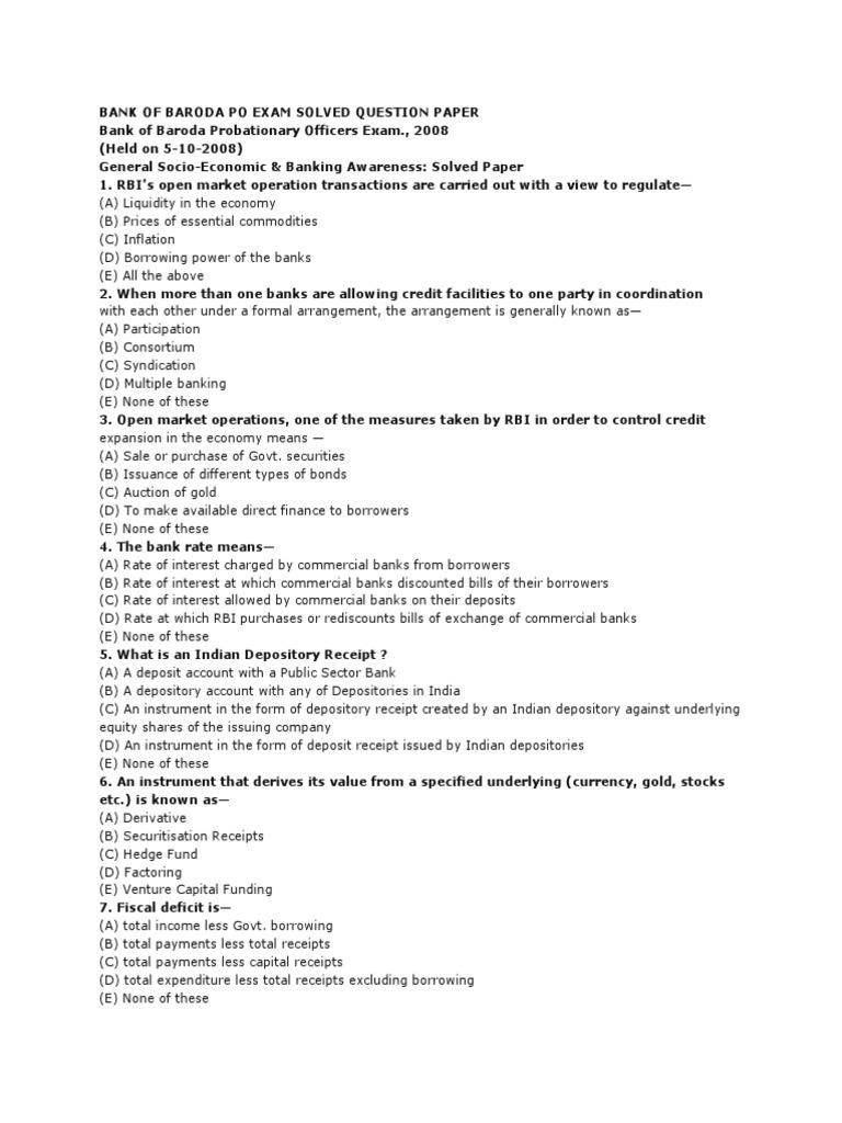Bank of Baroda PO Exam 2008 Solved Paper | PDF | Banks | Reserve Bank ...