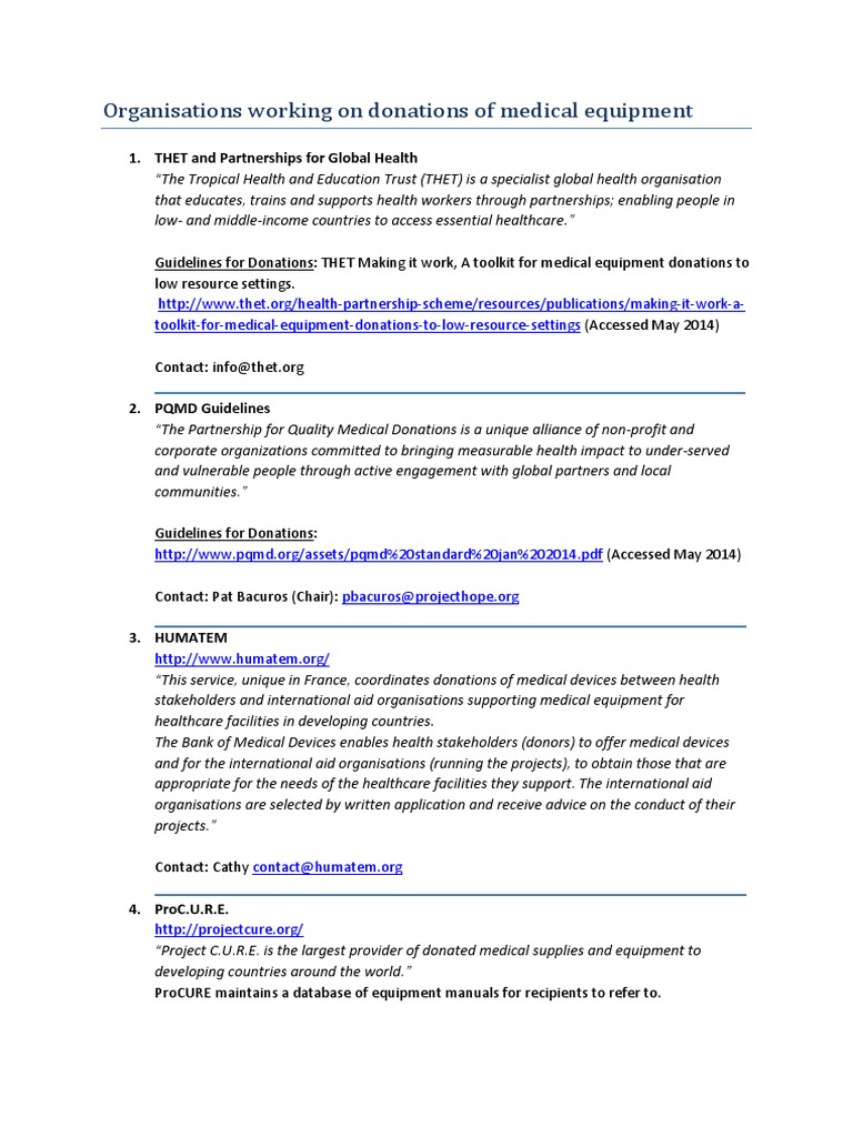Organisations Working On Donations of Medical Equipment 1. THET and