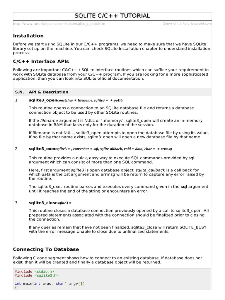 Sqlite C - C++ Tutorial PDF | PDF | Application Programming Interface ...