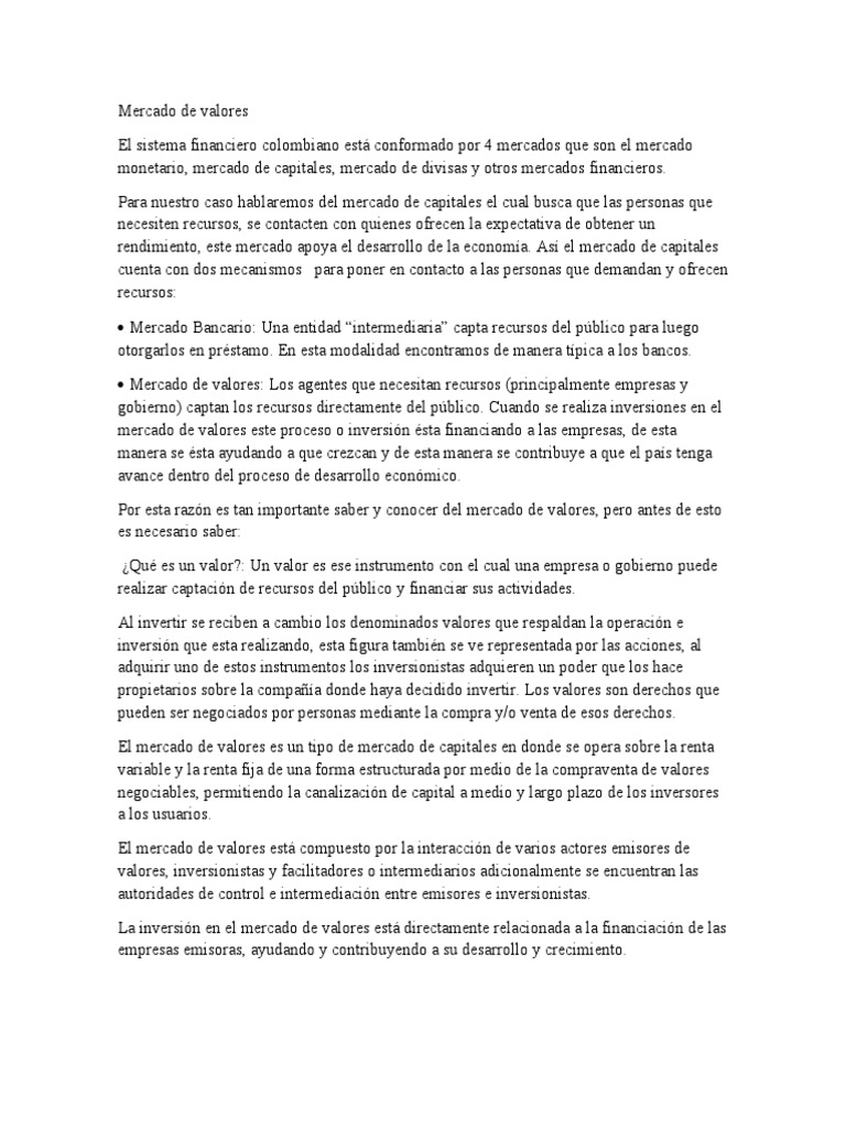Introducción al Mercado de Valores en Colombia | PDF | Bolsa de Valores ...