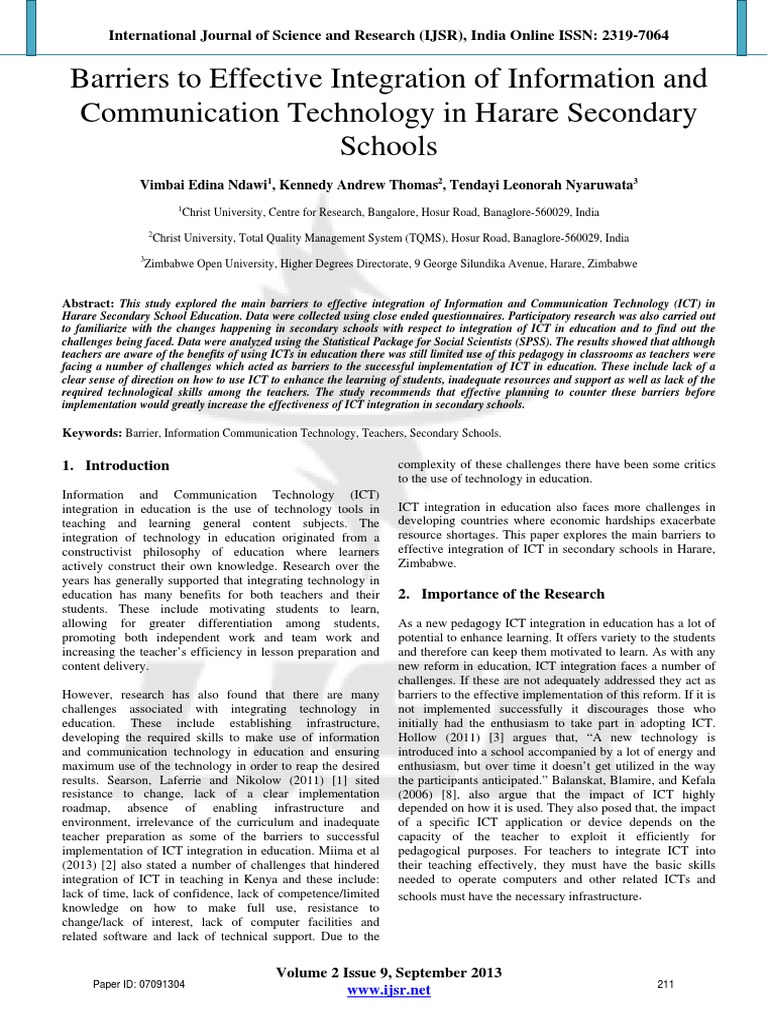 Barriers to ICT Integration in Harare Schools | PDF | Educational ...