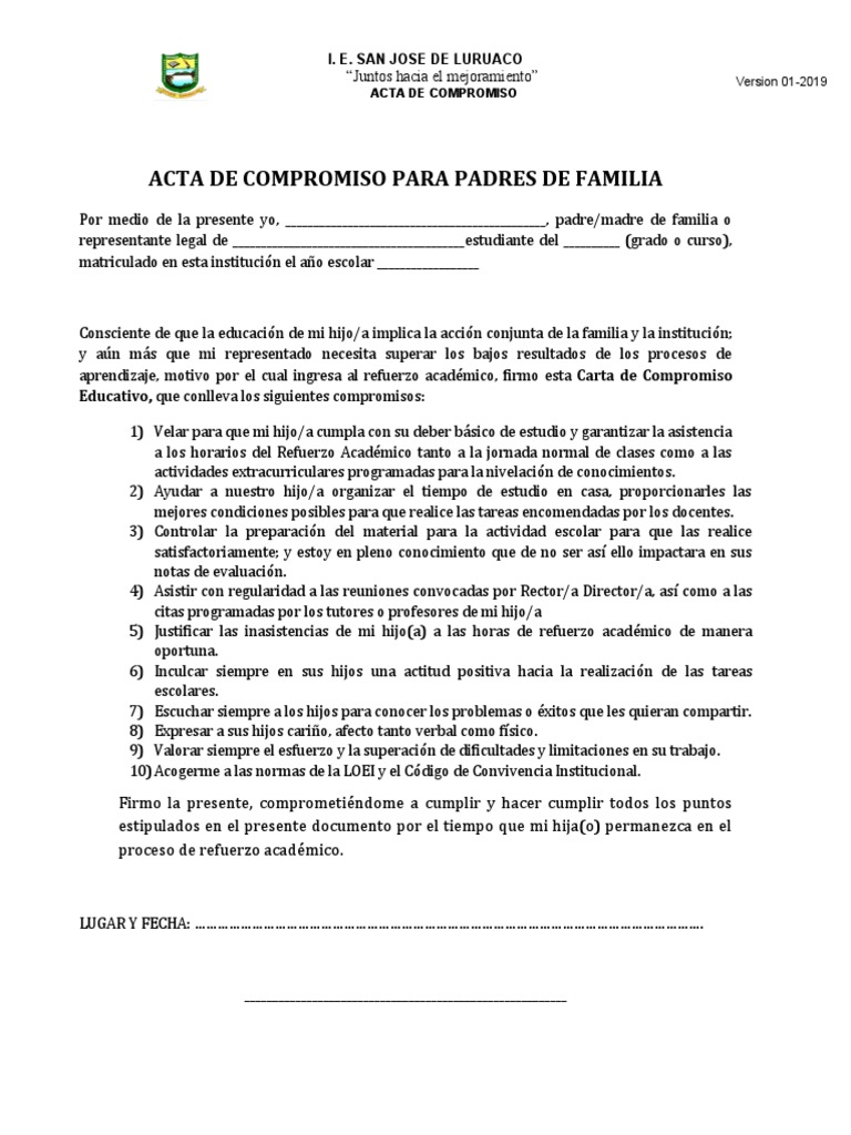 Acta de Compromiso para Padres de Familia | PDF | Modificación de ...