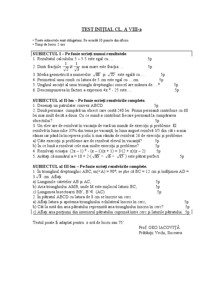 Mate - Info.Ro.1317 Test de Evaluare Initiala Clasa A VIII A | PDF