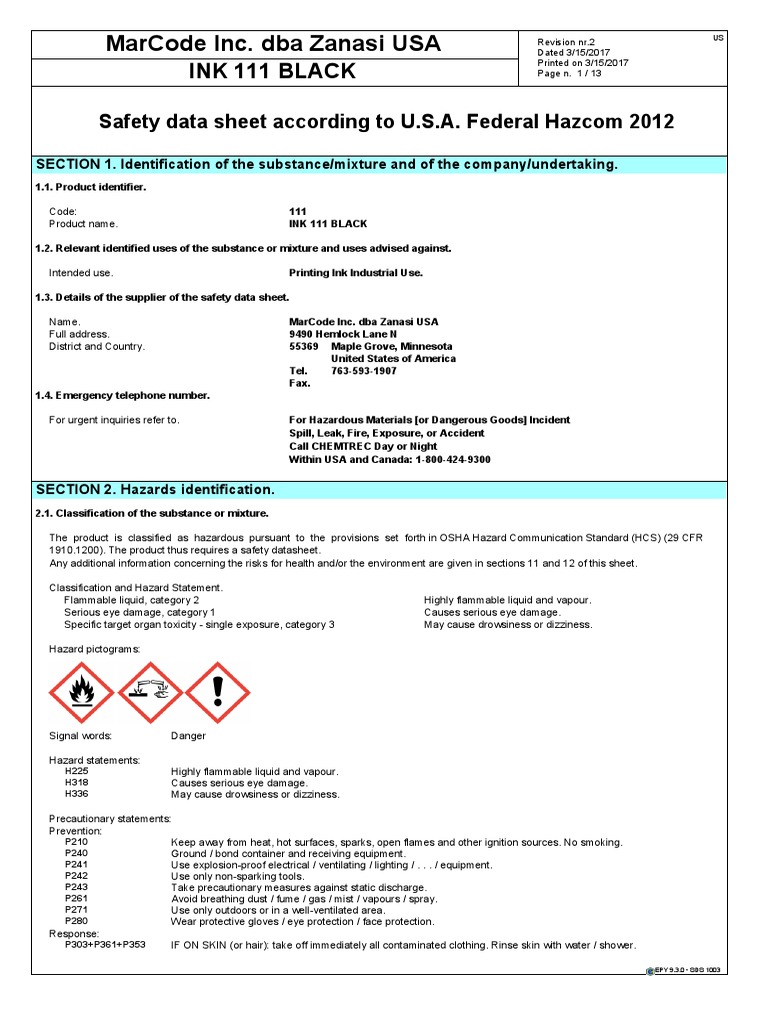 Marcode Inc. Dba Zanasi Usa Ink 111 Black PDF Toxicity Chlorine