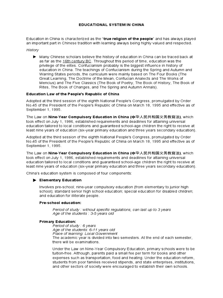 China's Education System Overview | PDF | Middle Schools | Schools
