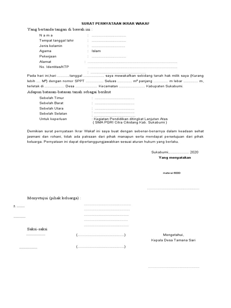 Contoh Surat Pernyataan Ikrar Wakaf | PDF