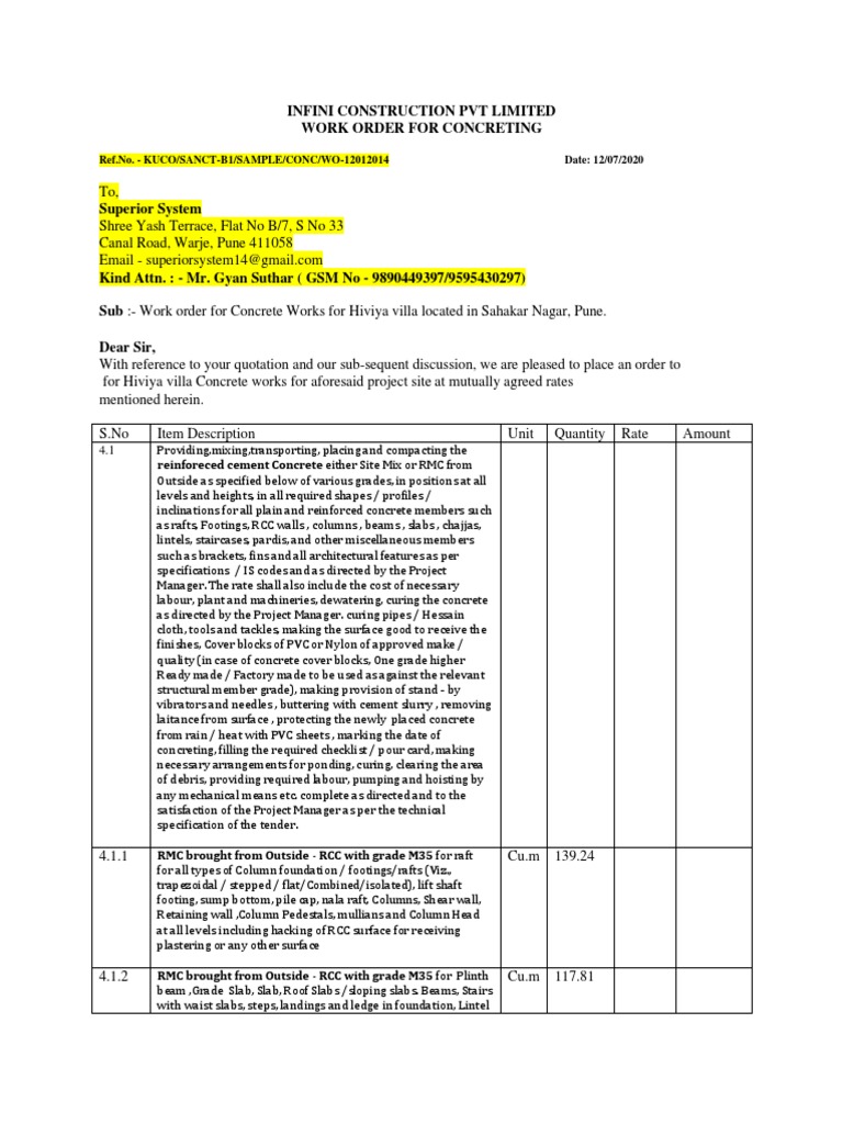 Work Order for Concrete Works at Hiviya Villa | PDF | Concrete | Insurance