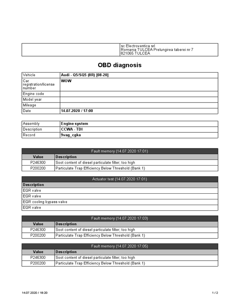 OBD Diagnosis Report for Audi Q5/SQ5 Identifying High Soot Levels and Low Particulate Trap
