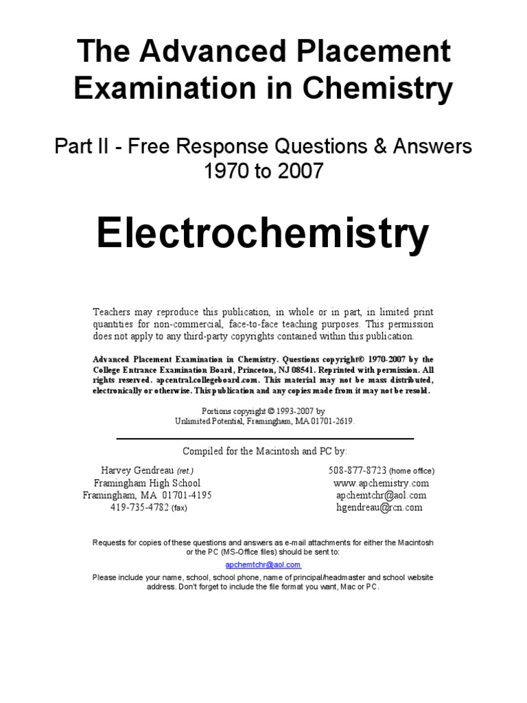 The Advanced Placement Examination in Chemistry Electrochemistry PDF Electrochemistry Redox