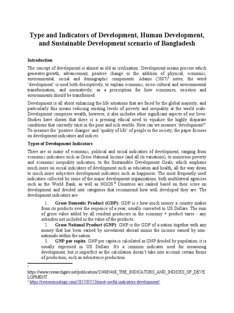 Type and Indicators of Development PDF Gross Domestic Product