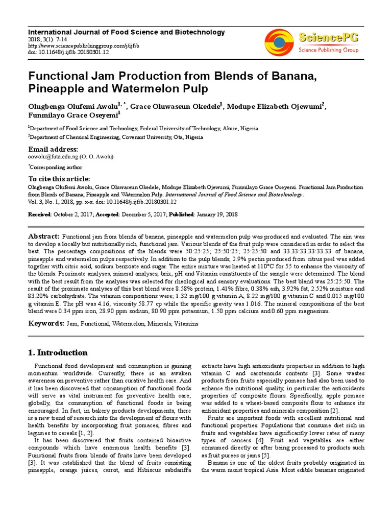Formulation and Nutritional Analysis of a Functional Jam Developed from