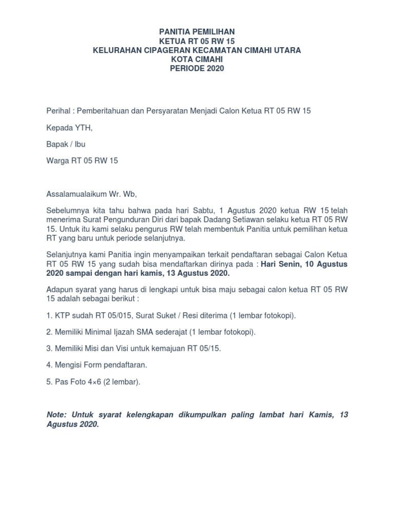 Pemberitahuan Dan Persyaratan Menjadi Calon Ketua RT 05 RW 15 | PDF