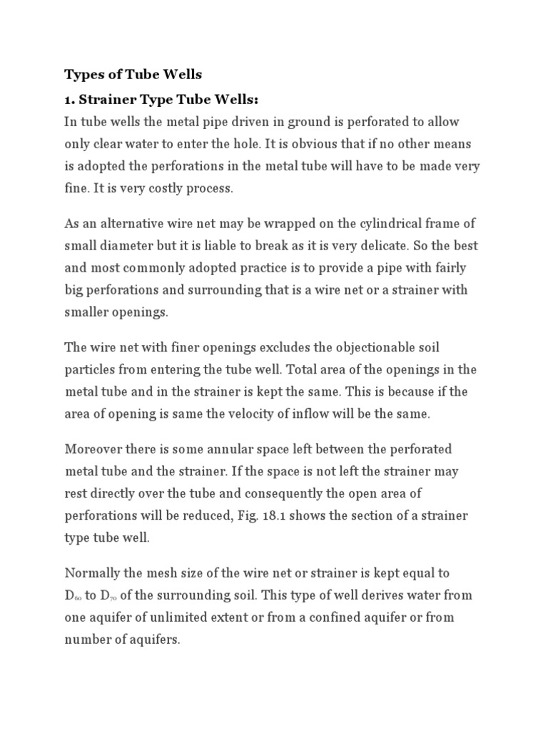 Types of Tube Wells 1. Strainer Type Tube Wells PDF Wire Sand