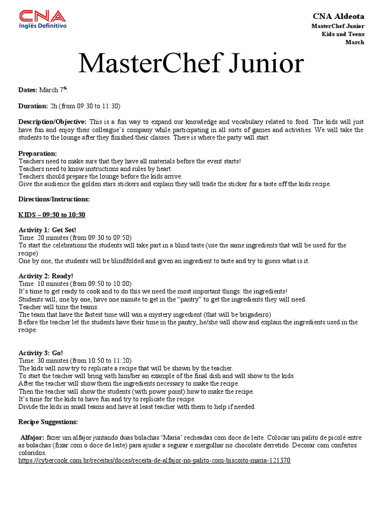 MasterChef Junior Cooking Activities | PDF | Food And Drink Preparation ...