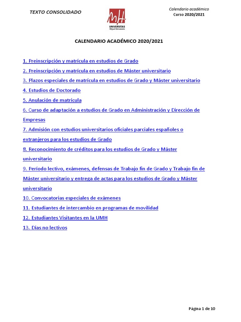 Calendario Académico UMH 2020 2021 Web PDF Licenciatura Educación