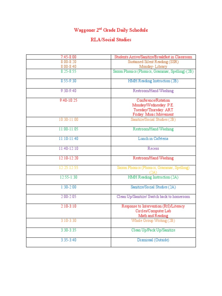 Waggoner 2nd Grade Daily Schedule PDF