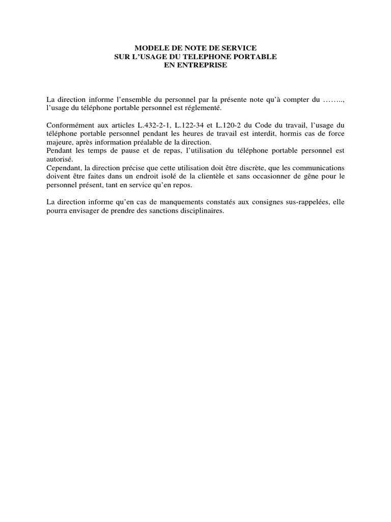 Lettre Modèle Note De Service Utilisation Téléphone Portable Personnel