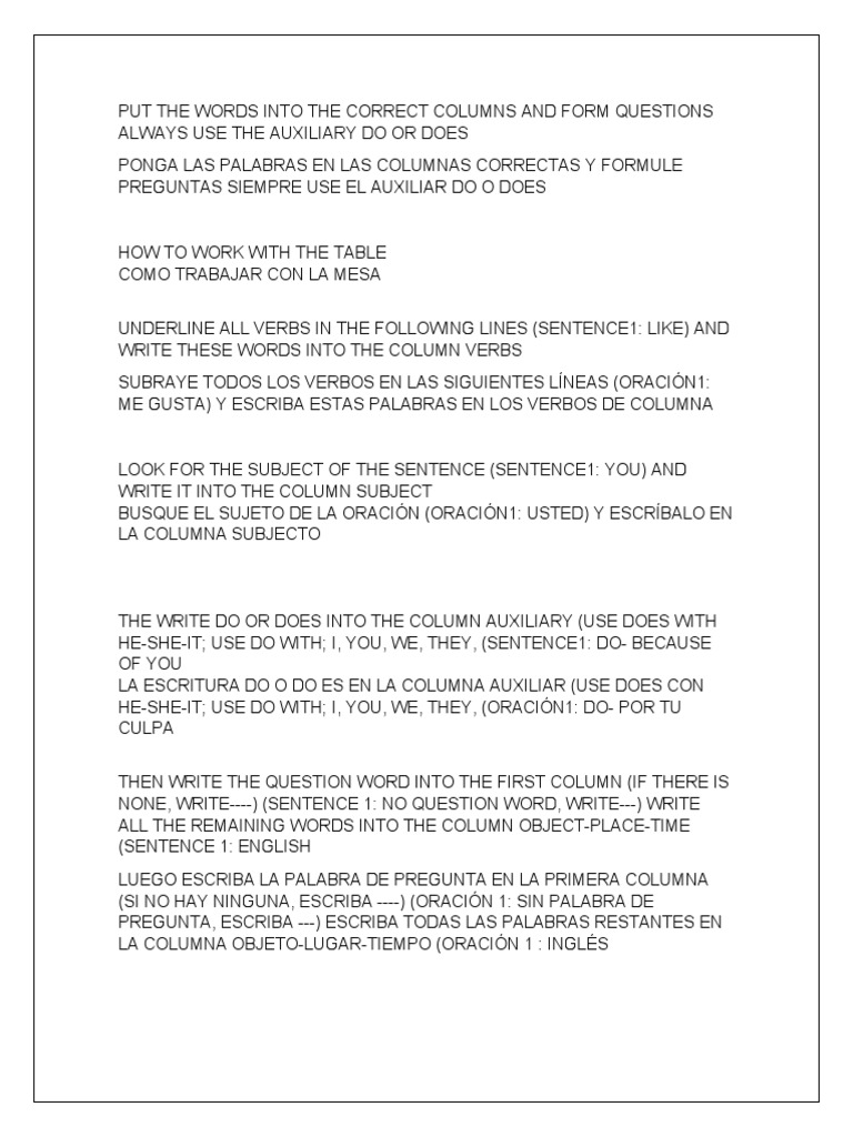 Put The Words Into The Correct Columns and Form Questions Always Use ...