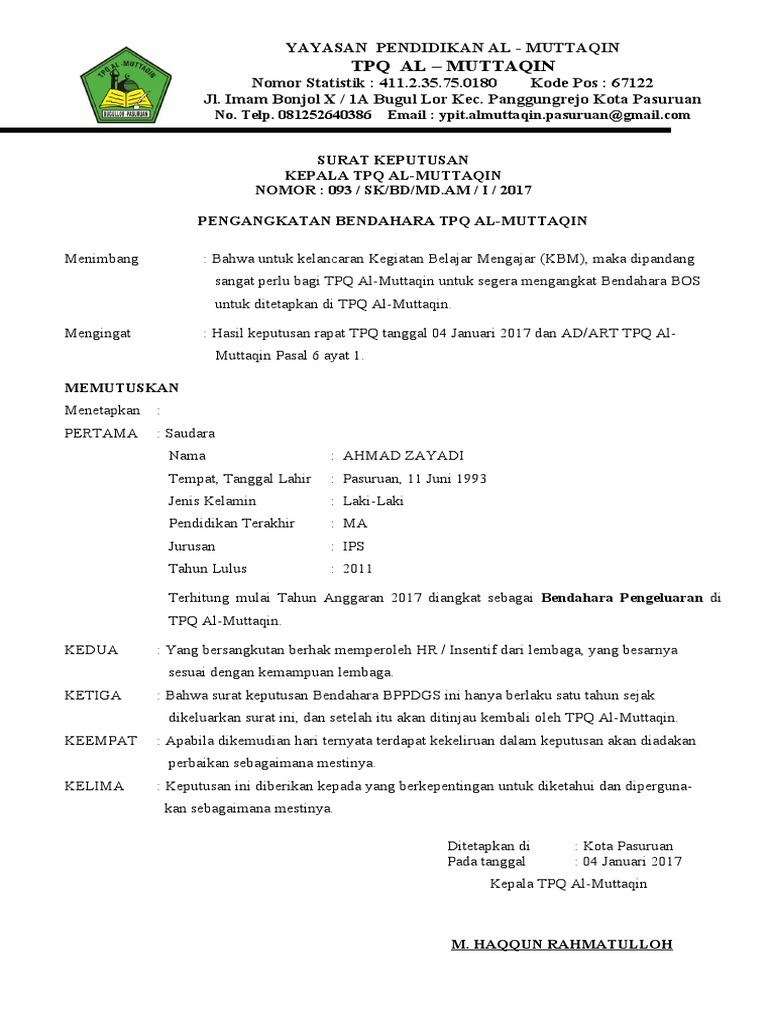 Sk Bendahara Tpq
