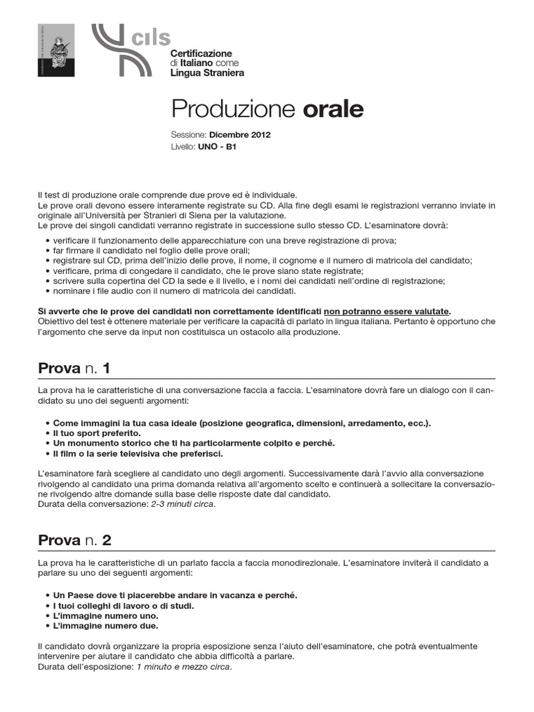 CILS Dicembre 2012 Produzione Orale Uno B1 PDF