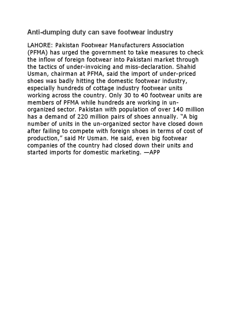 Anti-Dumping Duty for Footwear Industry | PDF