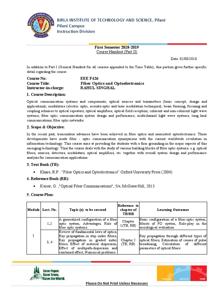 Fiber Optics and Optoelectronics Course | PDF | Optical Fiber ...