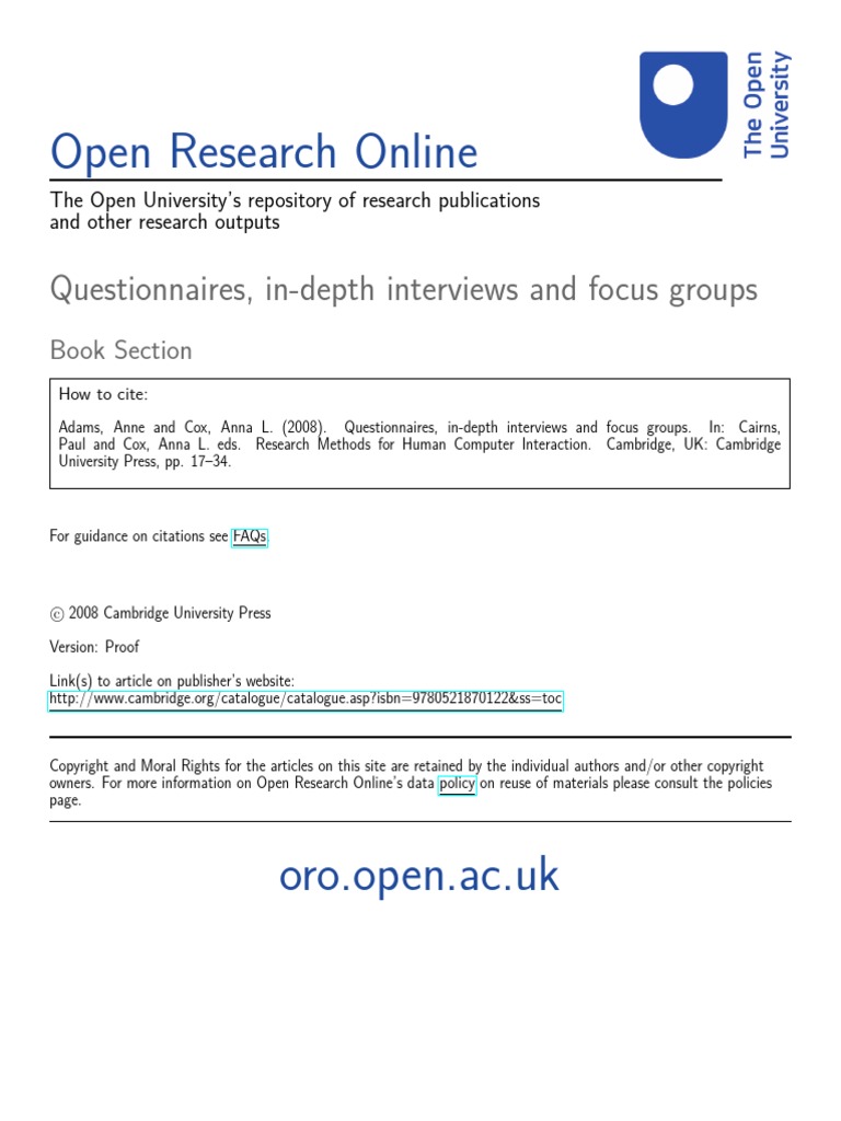 Open Research Online: Questionnaires, In-Depth Interviews and Focus ...