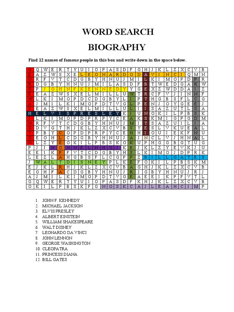 Word Search Biography: Find 12 Names of Famous People in This Box and ...