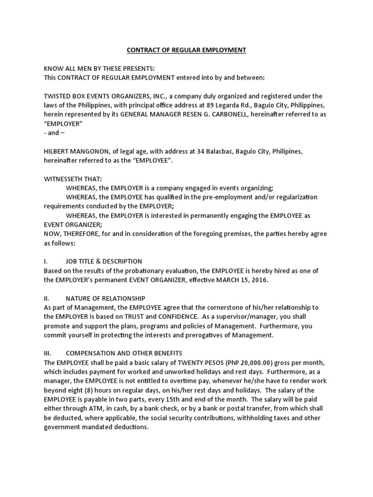 Regular Employment Contract Template | PDF | Overtime | Employment