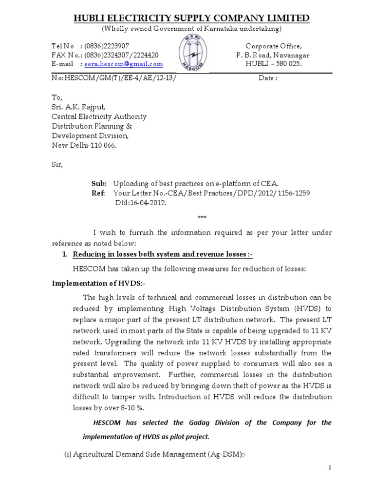 Hubli Electricity Supply Company Limited Reducing in Losses Both System and Revenue Losses