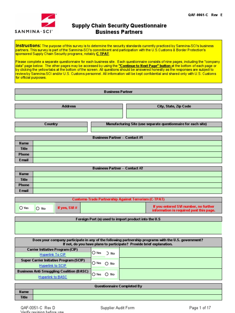 Supply Chain Security Questionnaire Business Partners Instructions