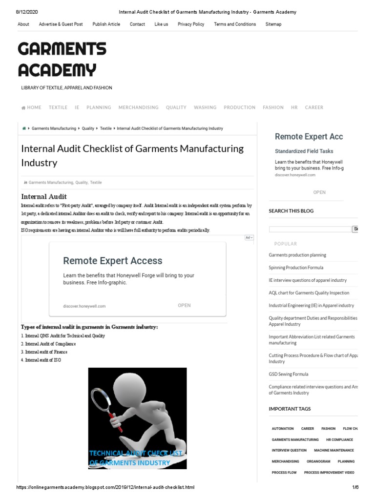Internal Audit Checklist of Garments Manufacturing Industry Garments