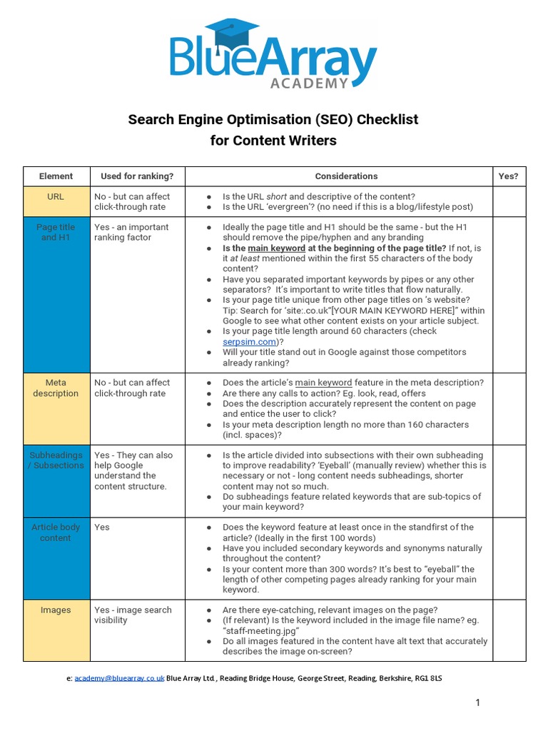 SEO Checklist for Content Writers 2019 | PDF | Search Engine ...