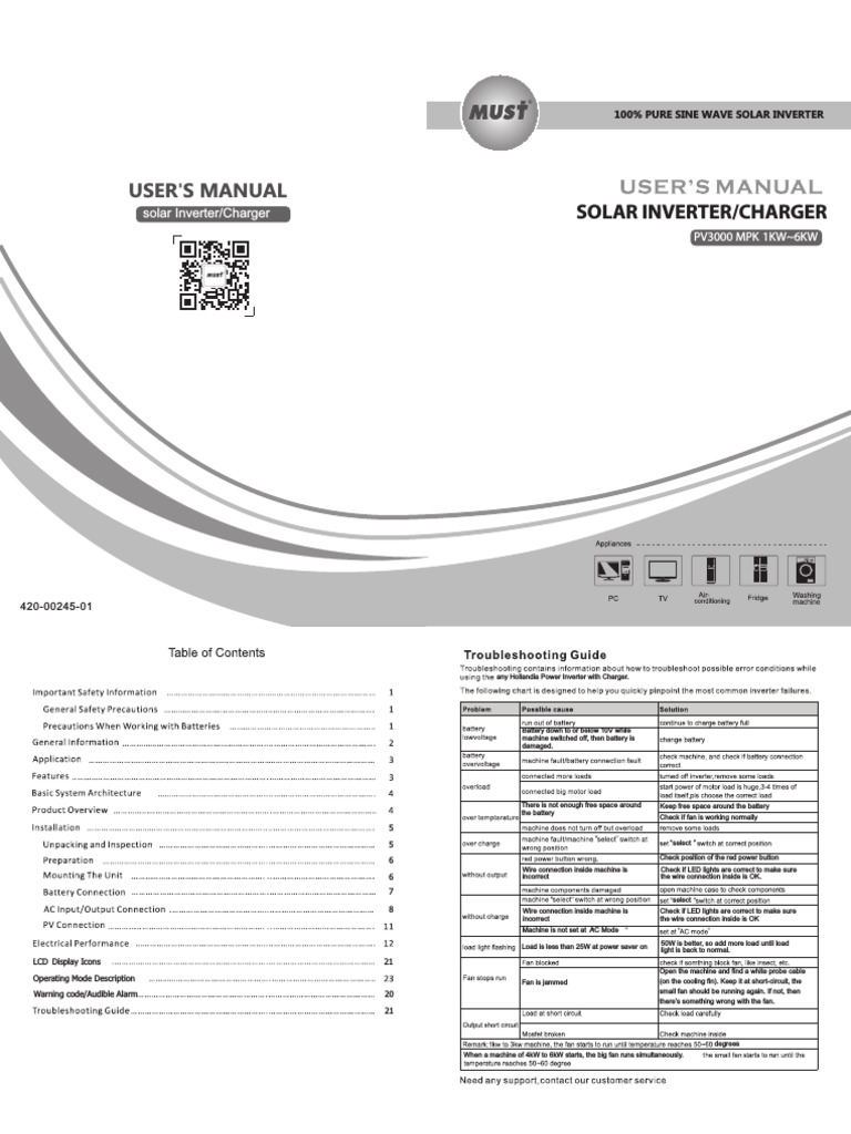 PV3000 MPK Inverter User Manual | PDF | Power Inverter | Battery Charger