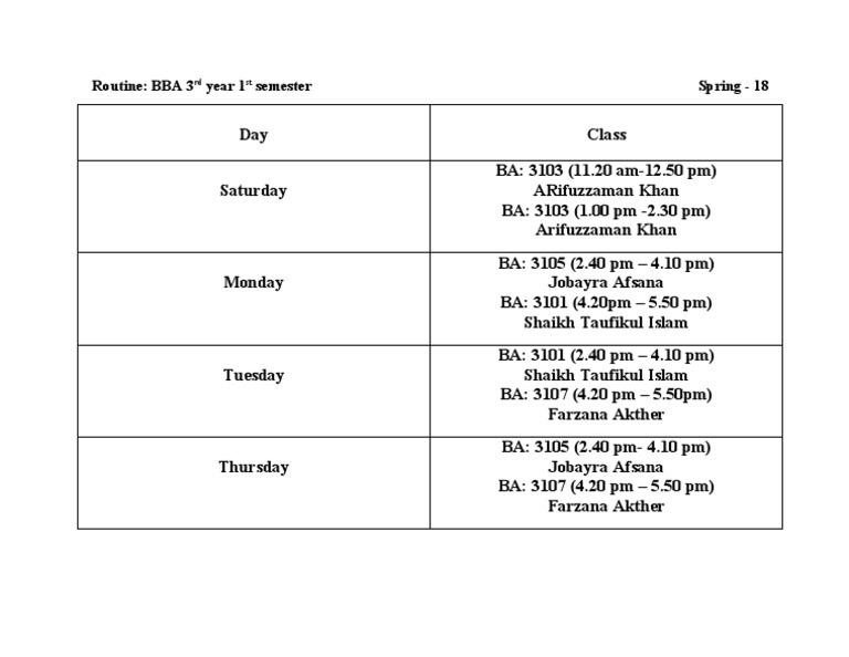 Routine: BBA 3 Year 1 Semester Spring - 18 | PDF