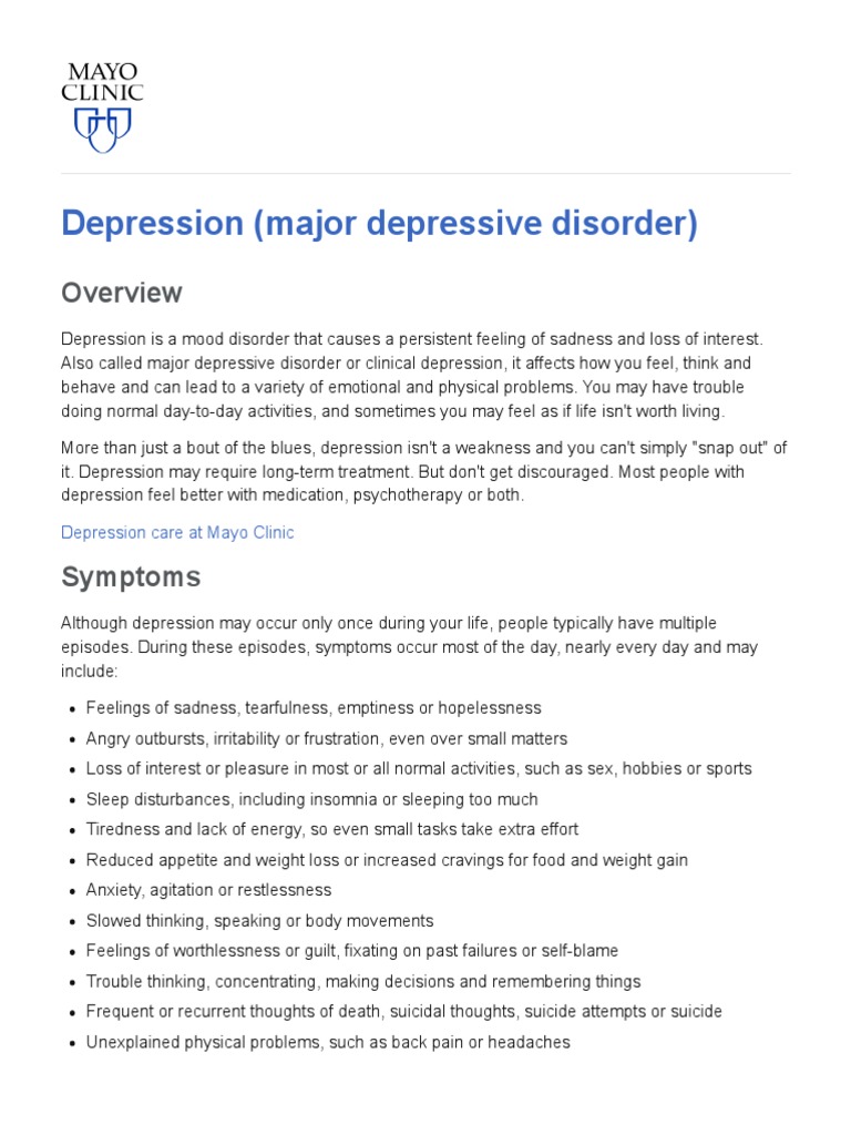 Symptoms and Causes Mayo Clinic PDF Major Depressive Disorder
