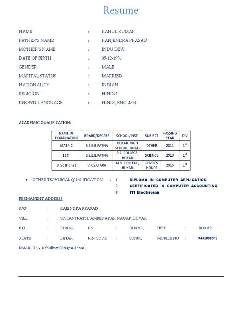 Resume of Rahul Kumar - Buxar, Bihar | PDF