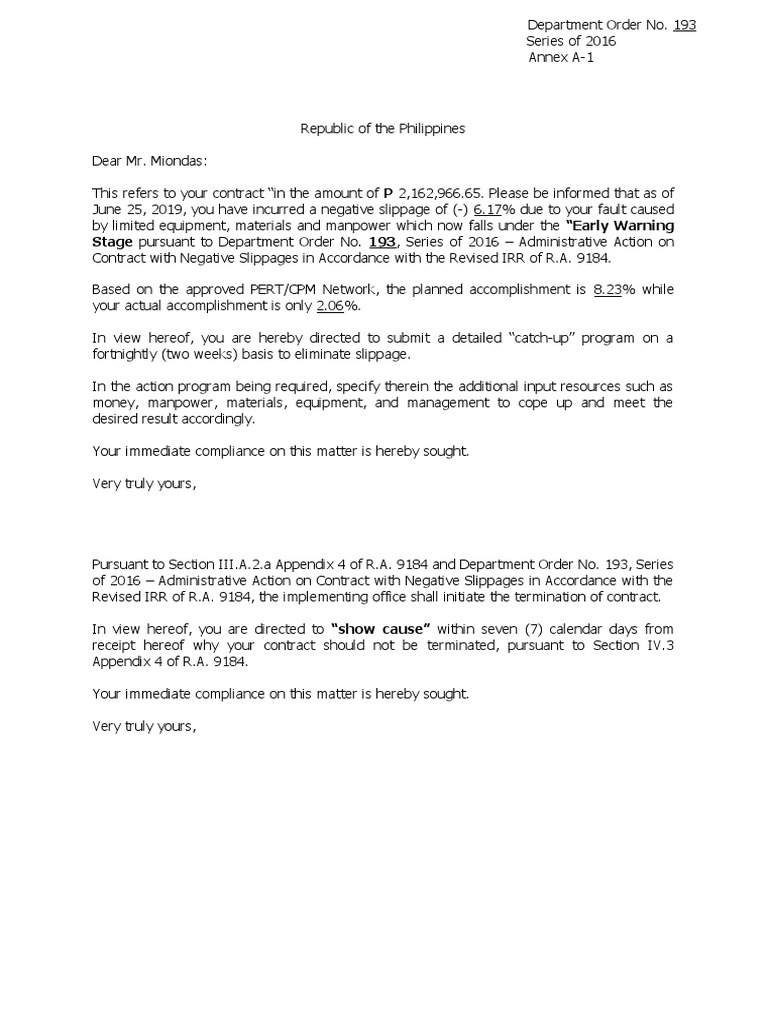 Stage Pursuant To Department Order No. 193, Series of 2016