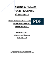 Mba Banking & Finance (3.5 Years) Morning 1 Semester: PROF. DR Fauzia Naheed Khwaja BCRW Assignment Know Me Well