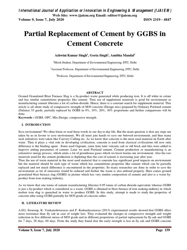 Partial Replacement of Cement by GGBS in Cement Concrete | PDF ...