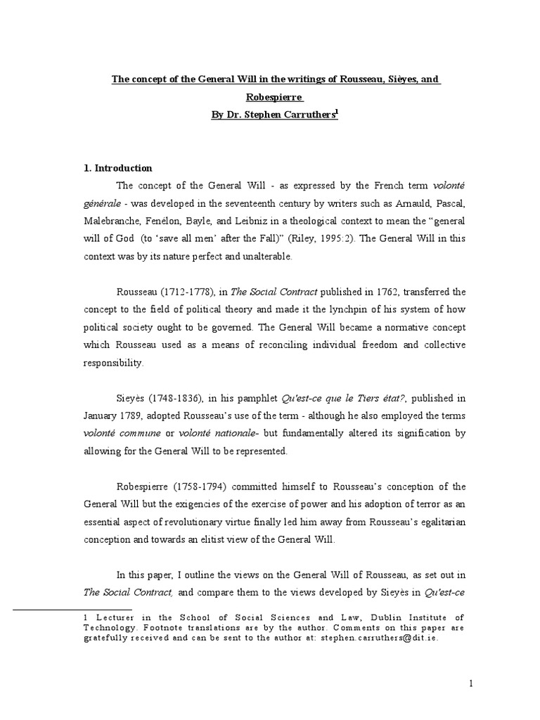 The Concept of The General Will in The Writings of Rousseau, Sièyes