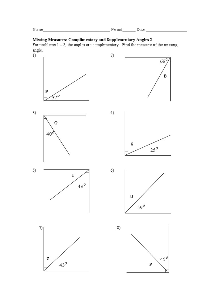 Missing Measures: Complimentary and Supplementary Angles 2 | PDF ...