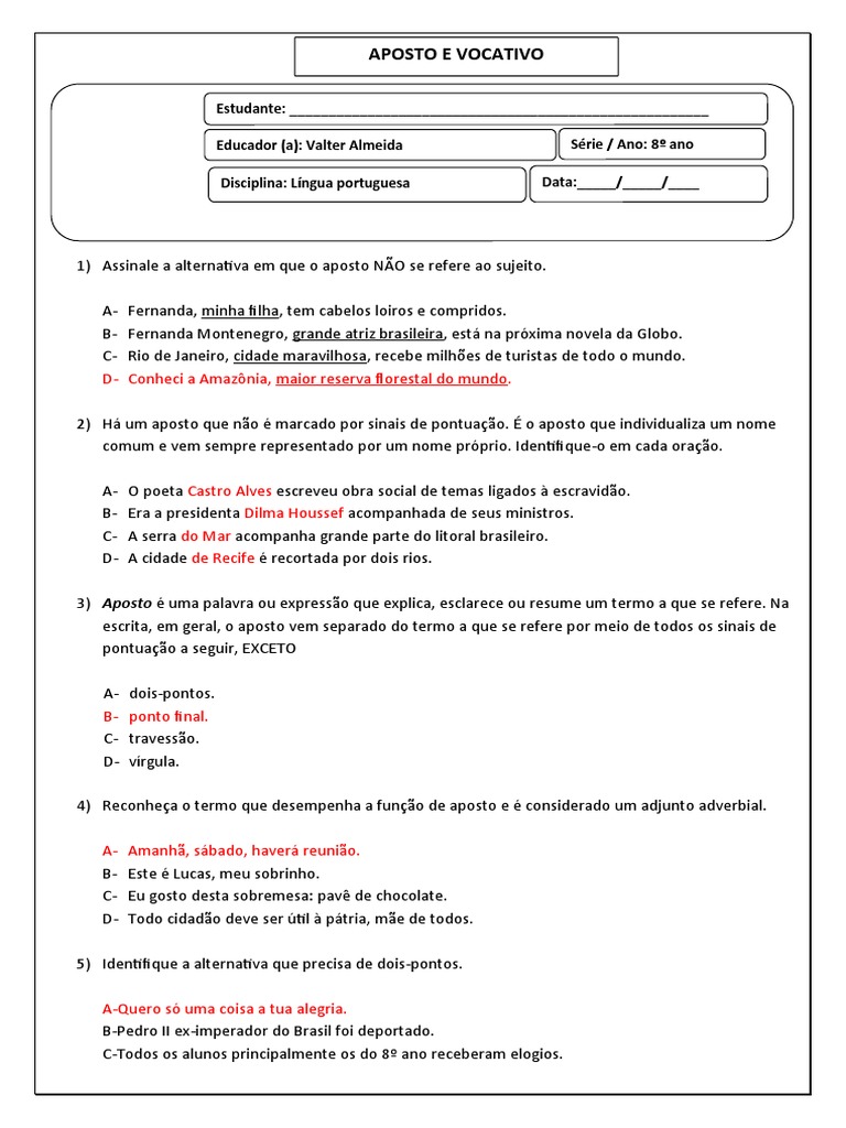 Atividades sobre Aposto e Vocativo 8º Ano | PDF | Assunto (gramática ...