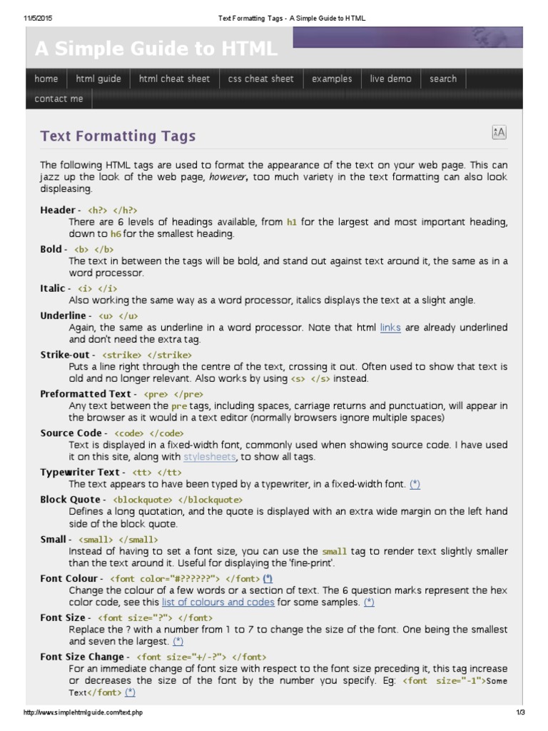 Text Formatting Tags - A Simple Guide To HTML | PDF | Html Element | Html