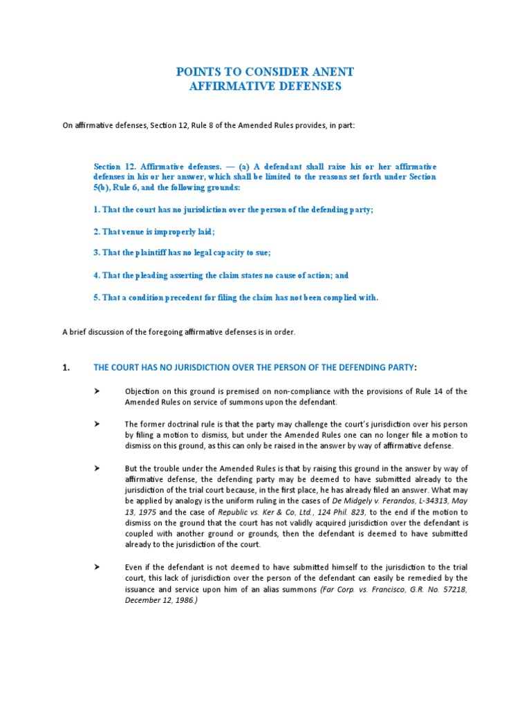 Notes On Affirmative Defenses PDF Pleading Affirmative Defense