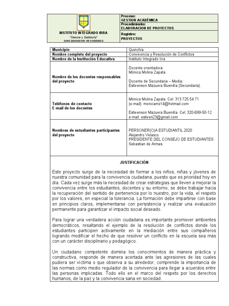 Proyecto de Convivencia Escolar 2020 | PDF | Institución | Tolerancia