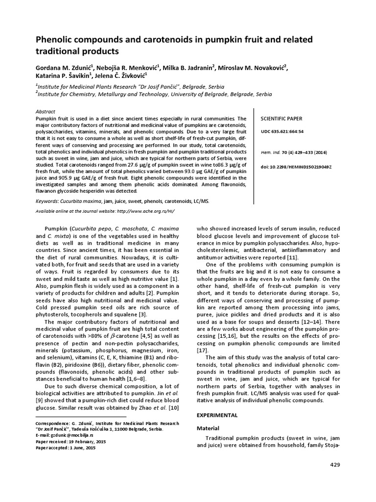 Phenolic Compounds and Carotenoids in Pumpkin Fruit and Related