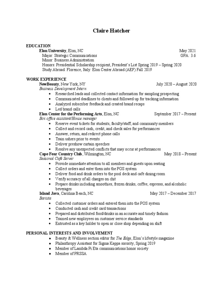 Claire Hatcher Portfolio Resume PDF Point Of Sale Business
