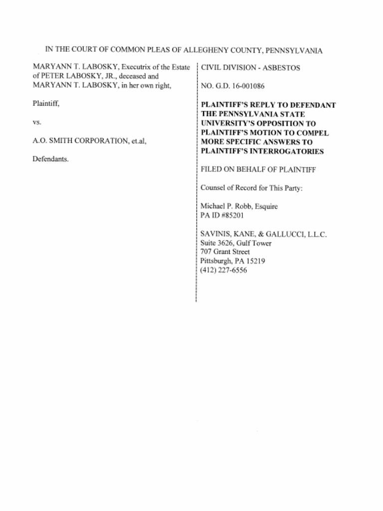 Labosky - Peter (Plt's Reply To Penn State University's Opposition To Plt's  Motion To Compel) | PDF